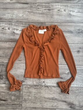 Autumnal orange ruffle ribbed long sleeve top - Maeve